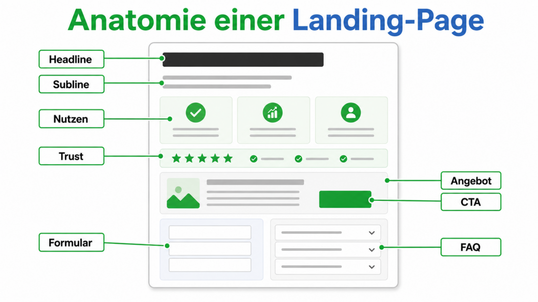 Korrigierte ChatGPT-Image-Grafik zur Anatomie einer Landing-Page mit Callouts zu Headline, Subline, Nutzen, Trust, Angebot, CTA, Formular und FAQ