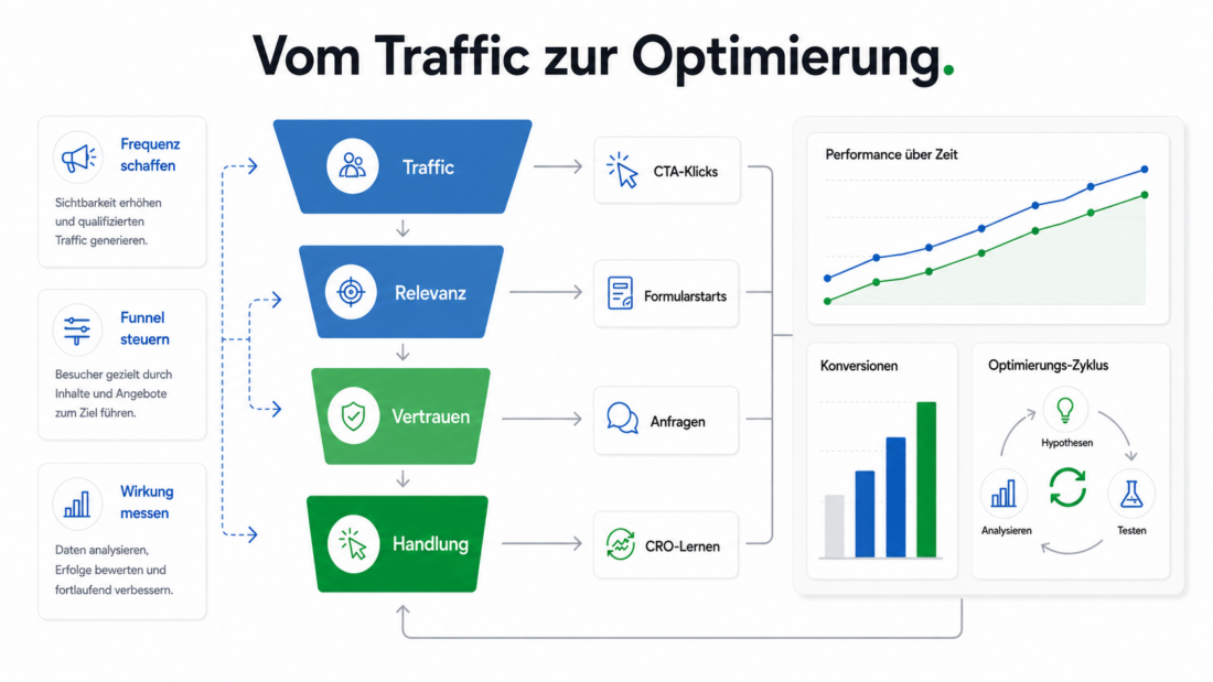 ChatGPT-Image-Grafik vom Traffic über Relevanz und Vertrauen bis zur Handlung mit CTA-Klicks, Formularstarts, Anfragen und CRO-Lernen