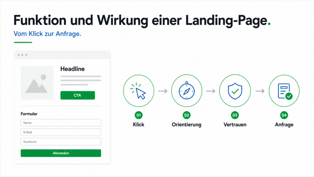 ChatGPT-Image-Grafik zur Funktion und Wirkung einer Landing-Page vom Klick über Orientierung und Vertrauen bis zur Anfrage