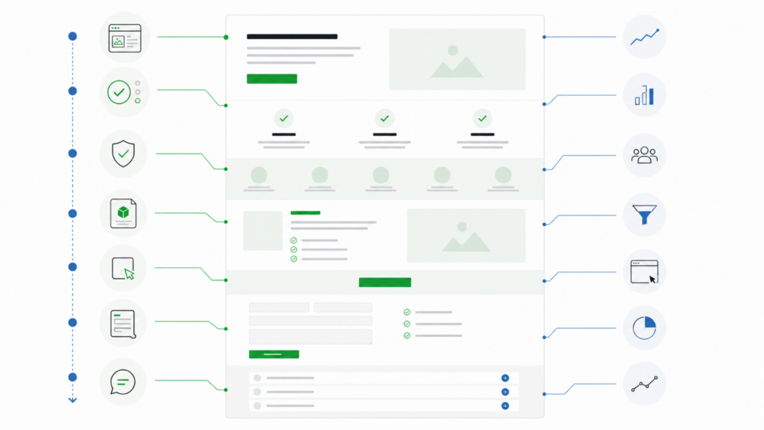 Hochauflösende Landingpage-Anatomie mit Hero-Bereich, Nutzen, Trust, Angebot, CTA, Formular, FAQ und Conversion-Pfad