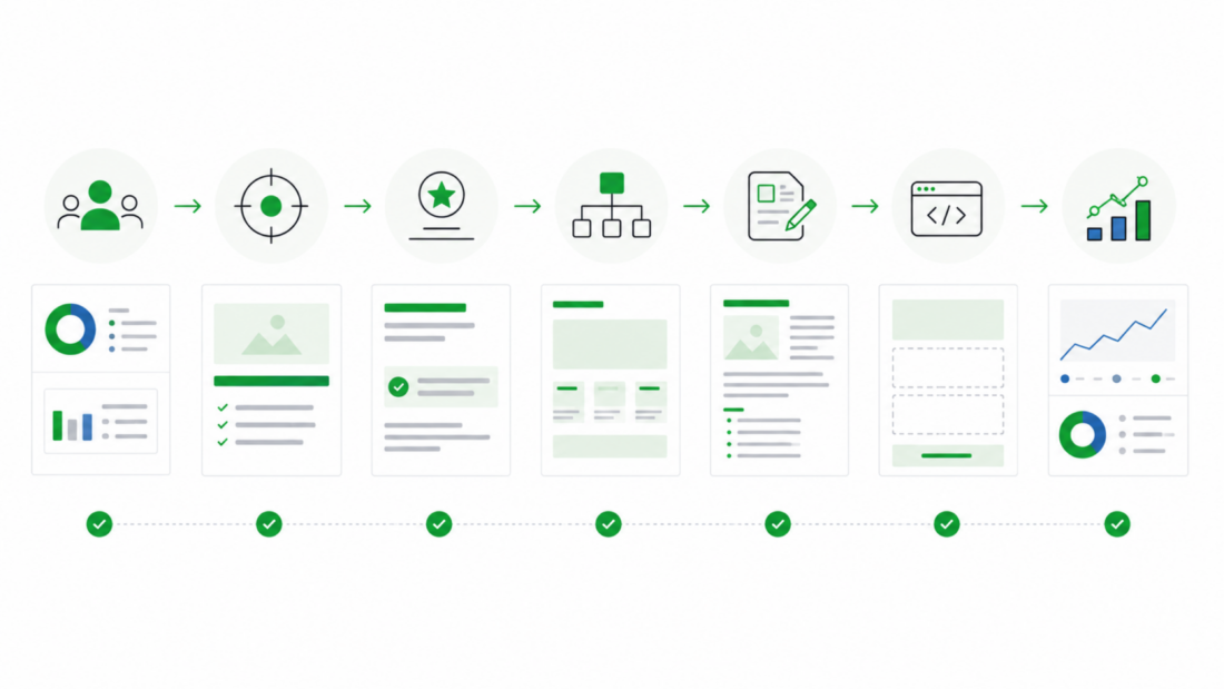 Hochauflösende Prozessgrafik für Website- und Landingpage-Entwicklung mit Zielgruppe, Angebot, Seitenstruktur, Content, Umsetzung, Tracking und CRO