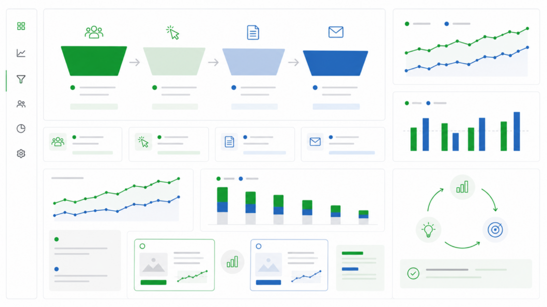 Hochauflösendes Tracking- und CRO-Dashboard mit Conversion Funnel, Diagrammen, A/B-Test-Karten und Optimierungskreislauf